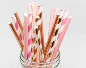 Pink White and Rose Gold Party Straws - Paper Party Straws - Cake Pop Sticks - Bridal Shower - Girl's Birthday - Pink and Rose Gold Decor
