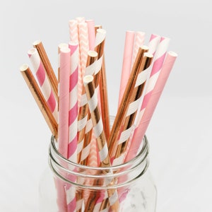 Pink White and Rose Gold Party Straws - Paper Party Straws - Cake Pop Sticks - Bridal Shower - Girl&#39;s Birthday - Pink and Rose Gold Decor
