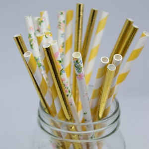 Yellow, Gold and Floral Print Straws -Baby Shower Decor - Floral Party Decor - Girl&#39;s Birthday - Bachelorette Party Decor - Garden Party