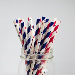 Red and Blue Star Party Straws Paper Party Straws Cake Pop Sticks Baby Shower 4th of July Twinkle Twinkle Little Star American image 1