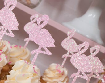 Flamingo Cupcake Toppers - Glitter Cupcake Toppers - Birthday Cupcake Toppers - Tropical Theme Party - Summer Birthday Decor - Pink Party