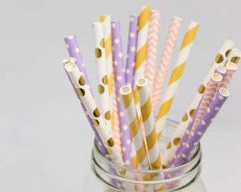 Yellow, Pink, Purple and Gold Straws - Baby Shower Decor - Girl's Birthday Party Straws - Bachelorette Party Decor - Gold Foil Tableware
