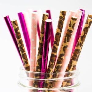 Pink and Cheetah Print Paper Straws - Animal Print Straws - Safari Theme - Bachelorette Party Decor - Girl&#39;s Birthday Party -Lion King Theme