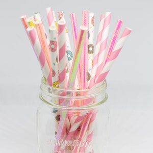 Donut Straws Paper Party Straws Cake Pop Sticks Two Sweet Birthday Birthday Straws Donut Grow Up Theme Donut Theme Birthday Donut + pink