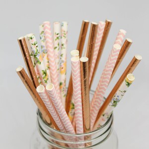 Pink, Rose Gold and Floral Party Straws - Paper Party Straws - Metallic Cake Pop Sticks - Bridal Shower - Tea Party Decor - Floral Theme