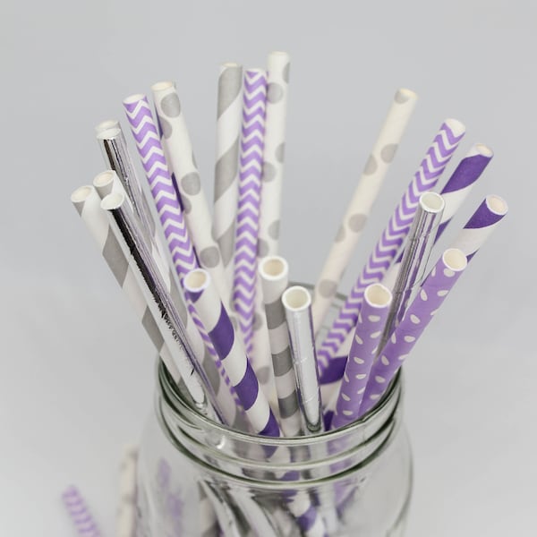 Purple and Silver Party Straws - Party Straws - Cake Pop Sticks - Bridal Shower - Girl's Birthday -Purple and Silver Decor -Purple Tableware