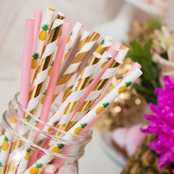 Pineapple Bundle Party Straws - Aloha Theme Party Straws - Gold Foil Party Straws - Pink and Gold Theme -Pineapple Theme Decor -Bachelorette