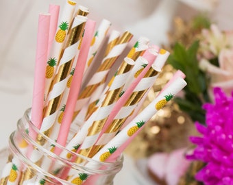 Ananas Bundle Party Straws - Aloha Theme Party Straws - Dorafo Party Straws - Tema Rosa e Oro - Pineapple Theme Decor -Bachelorette