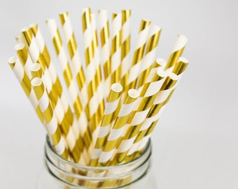 Metallic Gold and White Stripe Straws - Gold Foil Party Decor - Gold Birthday Party - Bridal Shower Decor - Wedding Decor - Engagement Decor