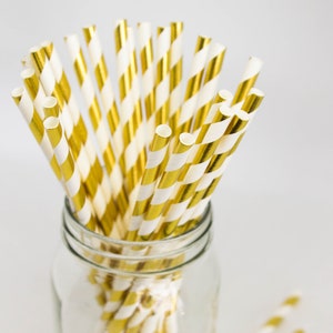 Pailles métalliques à rayures blanches et dorées - Décoration de fête en feuille d'or - Fête d'anniversaire en or - Décoration de douche nuptiale - Décoration de mariage - Décoration de fiançailles