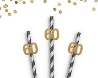 Sixty Party Straws - Qty 12 - 60th Birthday - Glittered Party Straws - Birthday Party Decorations - Anniversary Decor