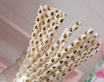 White Straws with Gold Hearts - Paper Party Straws - Wedding Straws - Gold and White Decor - Bridal Shower Straws - Gold Theme