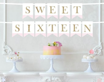 Sweet Sixteen Banner - Sweet 16 Birthday Decor - Happy Sweet 16 Banner - Sweet 16 Party Decor - Pink and Gold Party Decor - Sweet 16 Party