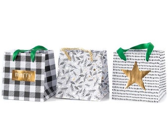 Christmas Mini Gift Bag Set of 6 - Black, White & Gold Gift Wrapping - Modern Christmas Gift Bags - Gold Foil Gift Bags