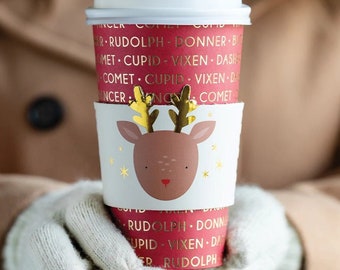 Reindeer Red and Gold Foiled Disposable Coffee Cups - Set of 8 - 16oz Coffee Cups - Christmas Tableware - Merry Christmas - Holiday Party