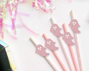 Glitter Ghost Party Straws - Ghost Straws - Halloween Party Decor - Pink Halloween Theme - Here for the Boos Theme - Happy Boo Day Straws