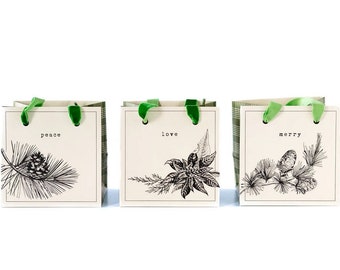 Black and White Script Mini Gift Bag Set - Holiday Gift Wrapping - Christmas Gift Bag - Christmas Wrapping - Peace, Love, Merry - Pine