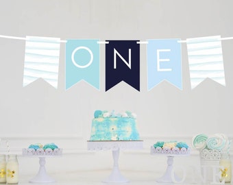 One Birthday Banner - Highchair Banner - Blue Birthday Decor - Smash Cake Photo Prop - Smash Cake Photo Wall Prop - Smash Cake Photoshoot