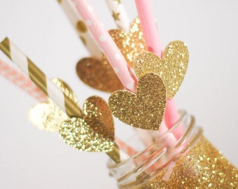 Glitter Heart Party Straws - Paper Party Straws - Pink and Gold Straws - Bridal Shower - Bachelorette Party - Party Supplies
