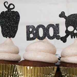 BOO! Cupcake-dekorationer - Set om 12 - Halloween-cupcake-dekorationer - Halloween-festdekorationer - Glittertoppare - Halloween-födelsedagsfestdekorationer bild 2