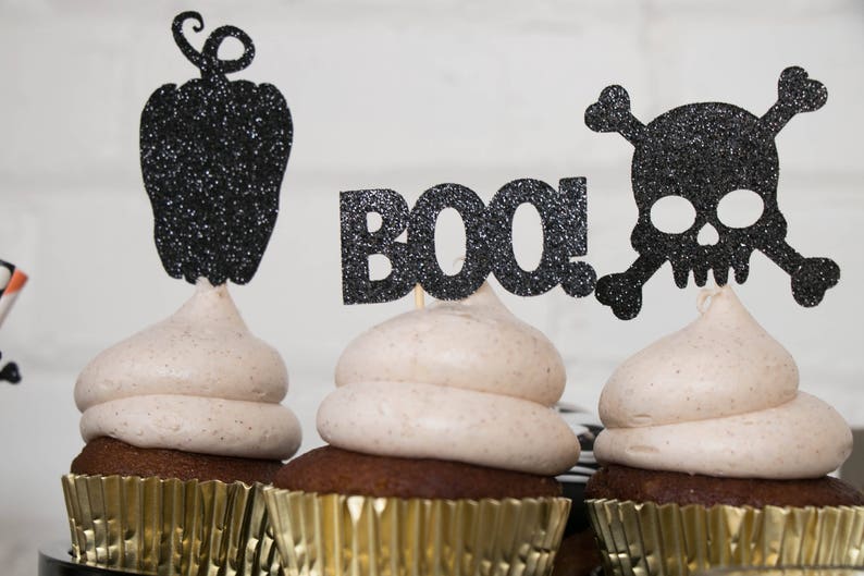 BOO! Cupcake-dekorationer - Set om 12 - Halloween-cupcake-dekorationer - Halloween-festdekorationer - Glittertoppare - Halloween-födelsedagsfestdekorationer bild 2