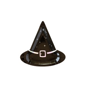 Puede incluir: Plato de papel negro en forma de sombrero de bruja con detalles iridiscentes y estrellas blancas.