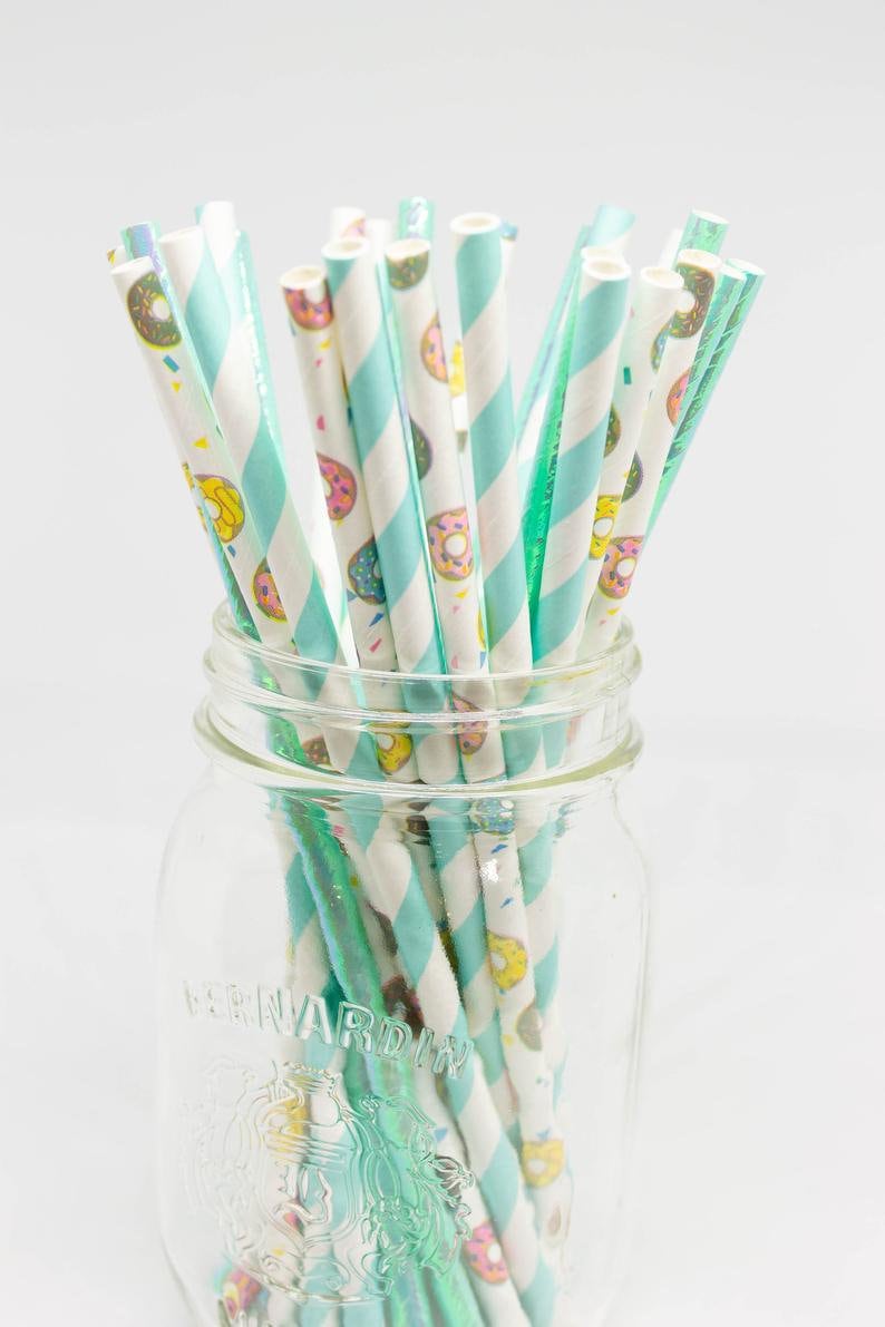 Donut Straws Paper Party Straws Cake Pop Sticks Two Sweet Birthday Birthday Straws Donut Grow Up Theme Donut Theme Birthday Donut + blue