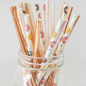 Donut Straws Paper Party Straws Cake Pop Sticks Two Sweet Birthday Birthday Straws Donut Grow Up Theme Donut Theme Birthday Donut + rose gold