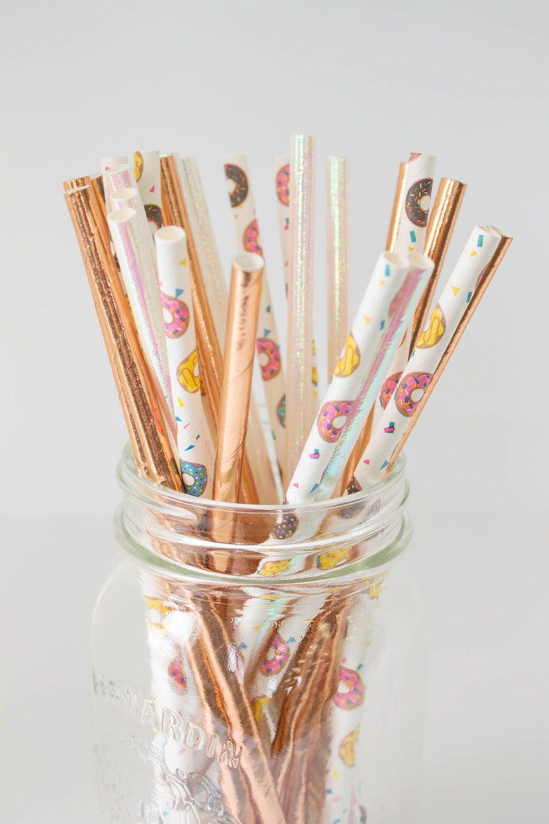 Donut Straws Paper Party Straws Cake Pop Sticks Two Sweet Birthday Birthday Straws Donut Grow Up Theme Donut Theme Birthday Donut + rose gold