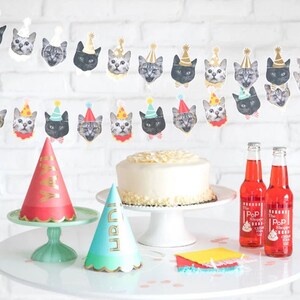 May include: A white cake with a white frosting sits on a white cake stand.  A red and gold party hat, a blue and gold party hat, and a banner with cats wearing party hats are in the image.  Two bottles of red soda with a white label are on the table.  The label says "The Pop Shoppe Cream Soda".