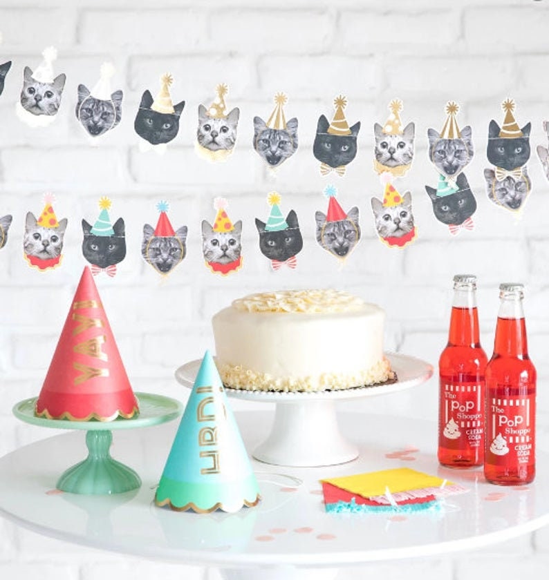 May include: A white cake with a white frosting sits on a white cake stand.  A red and gold party hat, a blue and gold party hat, and a banner with cats wearing party hats are in the image.  Two bottles of red soda with a white label are on the table.  The label says "The Pop Shoppe Cream Soda".