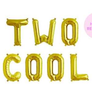 May include: Gold foil letter balloons spelling out "TWO COOL" with a pink circle balloon that says "NO HELIUM REQUIRED!"