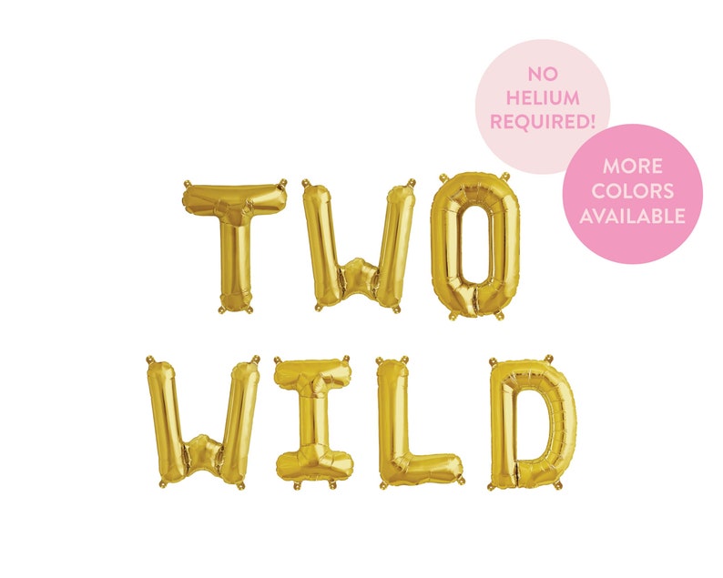 May include: Gold foil balloons spelling out "TWO WILD" with the text "NO HELIUM REQUIRED!" and "MORE COLORS AVAILABLE" in pink circles.