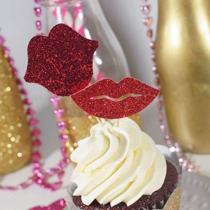 Glitter Lips Cupcake Topper Set of 12 Bachelorette Party Cake Topper Women's Birthday Decorations Lips Party Decorations image 2