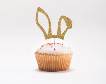 Bunny Ears Cupcake Toppers - Set of 12 - Easter Cupcake Toppers - Easter Decor - Easter Egg Hunt Props - Glitter Toppers - Bunny Topper