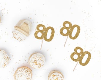 80 Cupcake Toppers - 80th Birthday Party Decor - Numbered Birthday Party Topper - Custom Glitter Cake Topper - Birthday Cake Topper