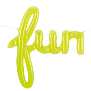 May include: A yellow balloon banner spelling out the word "fun".