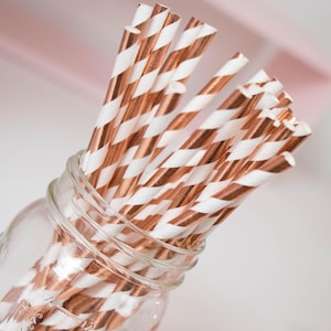 Rose Gold Foil and White Stripe Straws - Paper Party Straws - Cake Pop Sticks - Bridal Shower - Birthday Straws - Rose Gold Birthday Decor