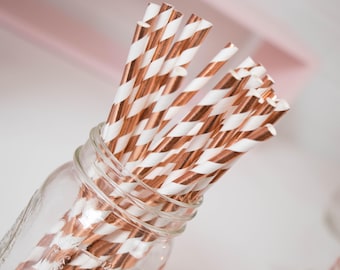 Rose Gold Foil and White Stripe Straws - Paper Party Straws - Cake Pop Sticks - Bridal Shower - Birthday Straws - Rose Gold Birthday Decor