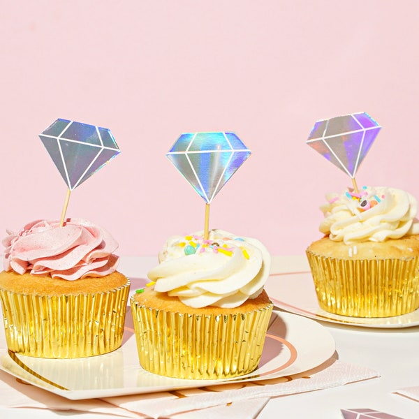 Iridescent Diamond Cupcake Topper - Toppers de douche nuptiale holographiques - Choix de nourriture - Fête de fiançailles - Décor de mariage - Bachelorette Toppers