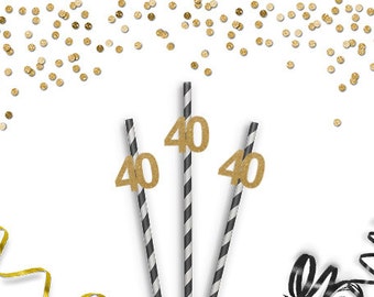 Forty Party Straws - 12 straws - 40th Birthday - 40th Straws - Glittered Party Straws - Birthday Party Decorations - Anniversary Party Decor