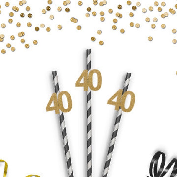 Forty Party Straws - 12 straws - 40th Birthday - 40th Straws - Glittered Party Straws - Birthday Party Decorations - Anniversary Party Decor