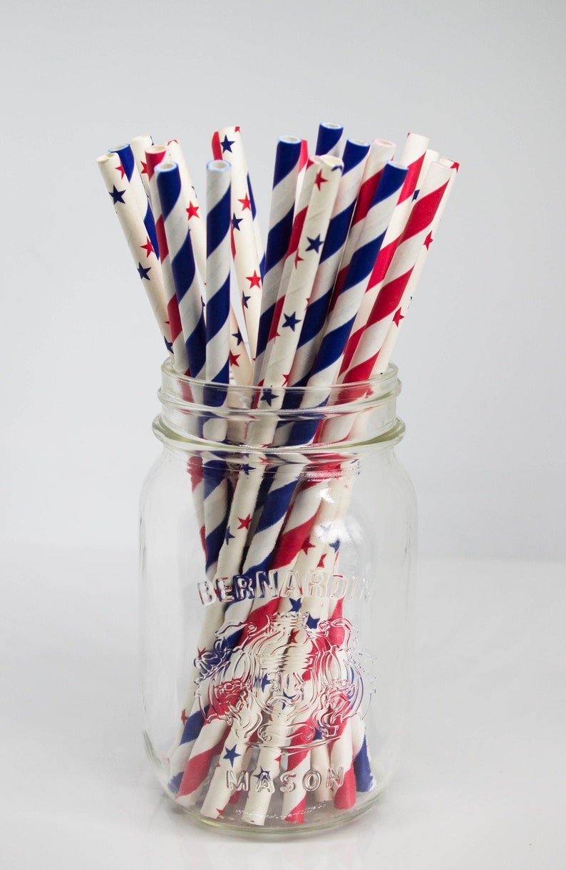 Red and Blue Star Party Straws Paper Party Straws Cake Pop Sticks Baby Shower 4th of July Twinkle Twinkle Little Star American image 1
