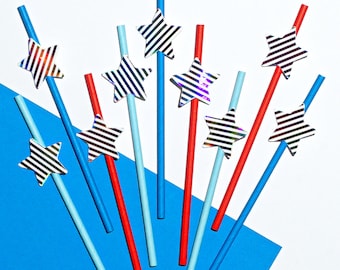 Forth of July Paper Party Straws - Set of 12 - Stars and Stripes Straws - Cocktail Straws - 4th of July Party Decor - USA Party Decorations