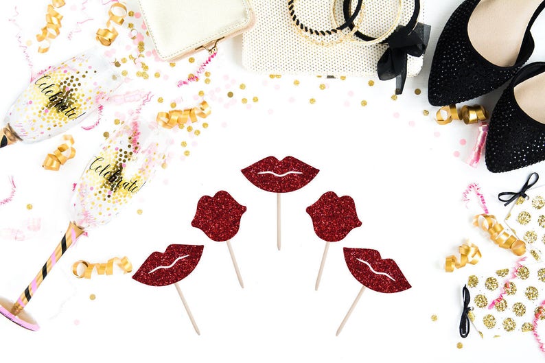 Glitter Lips Cupcake Topper Set of 12 Bachelorette Party Cake Topper Women's Birthday Decorations Lips Party Decorations image 1