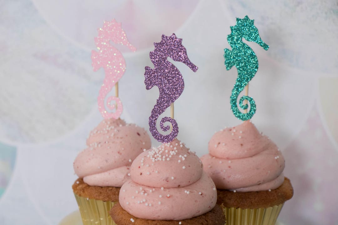Seahorse Cupcake Toppers - Set of 12 - Little Mermaid Theme Decor ...