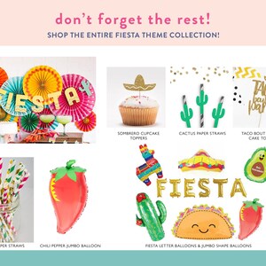 May include: A collection of fiesta party decorations including paper fans, paper straws, cupcake toppers, balloons, and a cake topper. The decorations are in a variety of colors, including red, yellow, green, and blue. The text "Fiesta" is featured on some of the decorations.