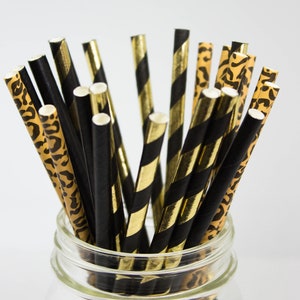 Canudos de papel com estampa preta, dourada e chita - Canudos com estampa de animais - Tema Zoo - Tema Safari - Decoração de festa de despedida de solteira - Talheres de aniversário