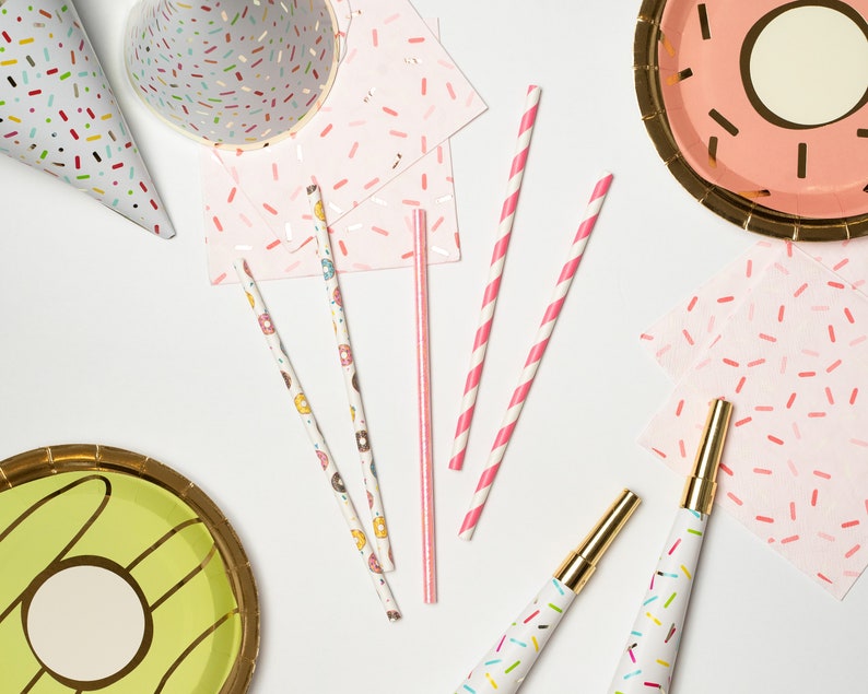 Donut Straws Paper Party Straws Cake Pop Sticks Two Sweet Birthday Birthday Straws Donut Grow Up Theme Donut Theme Birthday image 2