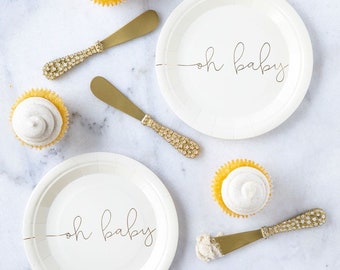 Oh Baby Paper Plates - 7&quot; wide - Set of 8 - Baby Shower Tableware - Baby Shower Decor - Oh Baby Theme - Gender Reveal Party - Gold Plates